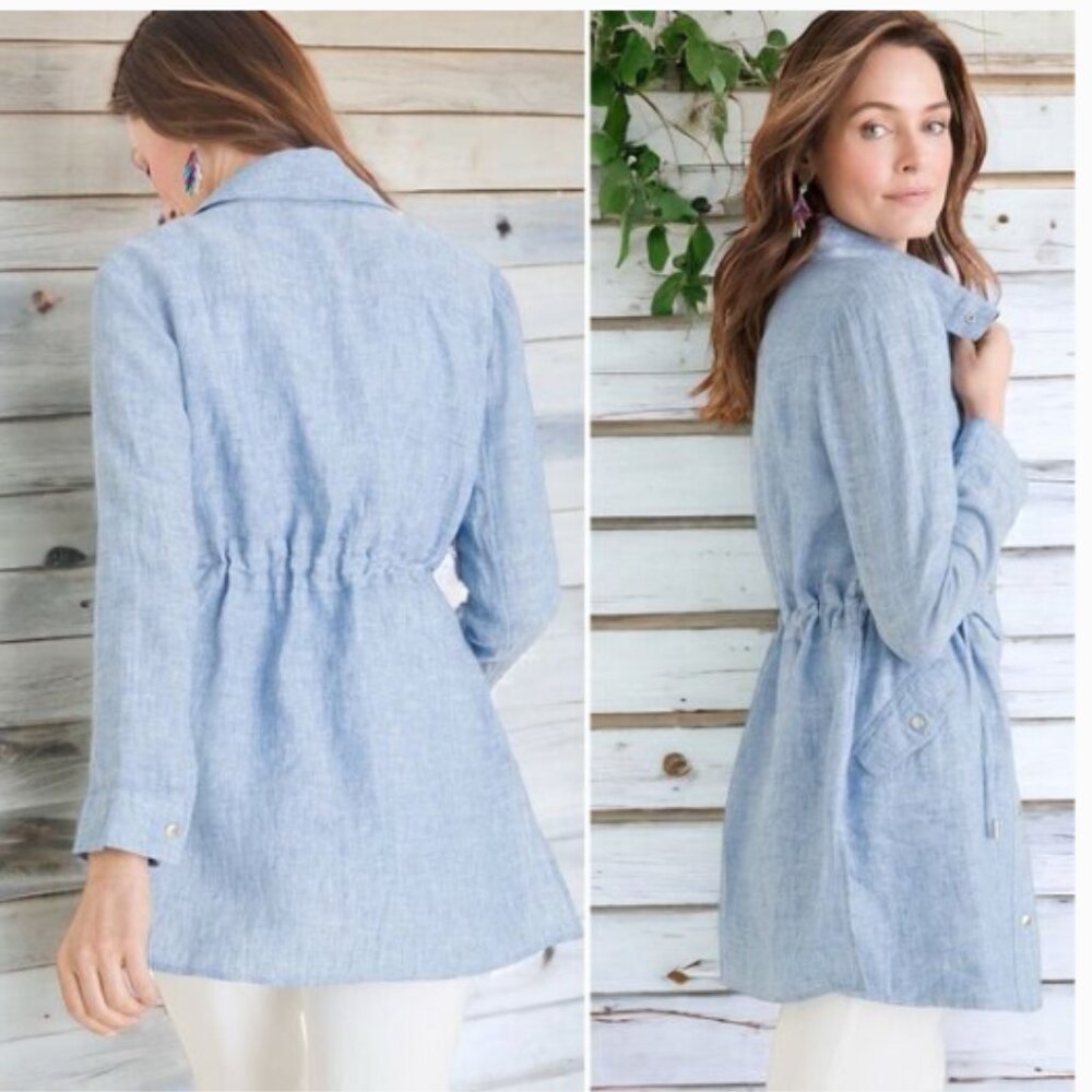 Chico's Jacket Women's Sz‎ 12/14 Blue Cross Dye Linen Utility Jacket (Chico's 2)